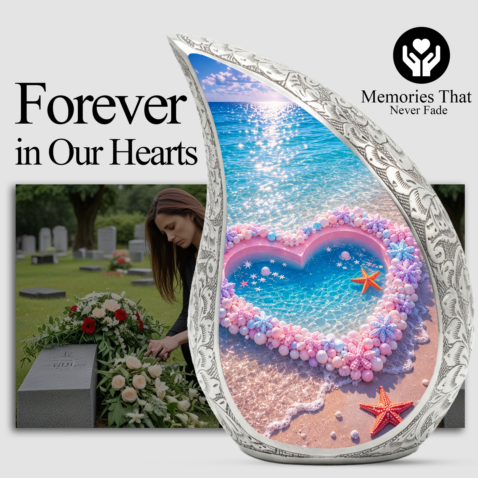 Ocean Heart Urn for Burial – Decorative Container for Cremated Remains