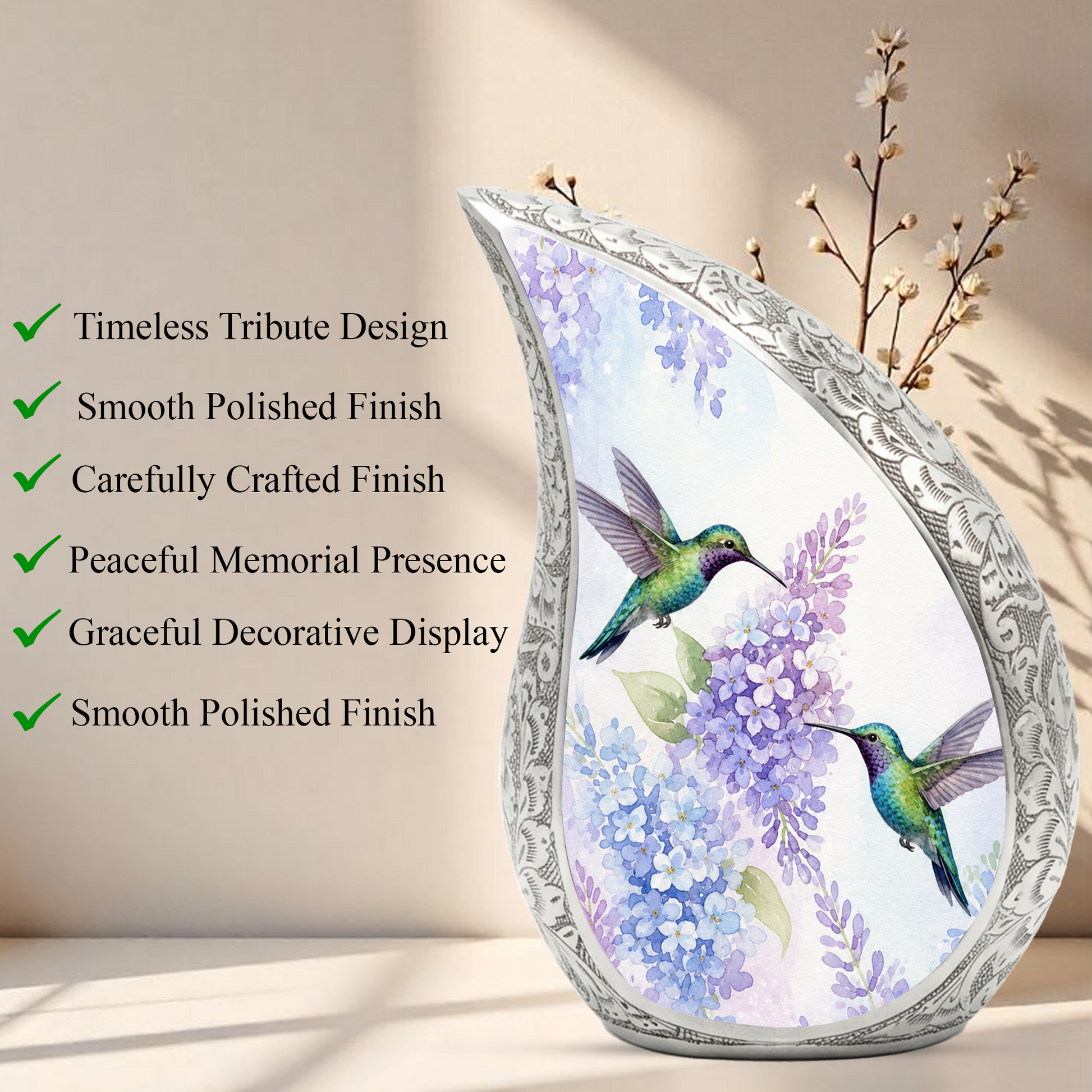 Hummingbird Floral Memorial Urn For Ashes – Elegant Aluminum Cremation Urn