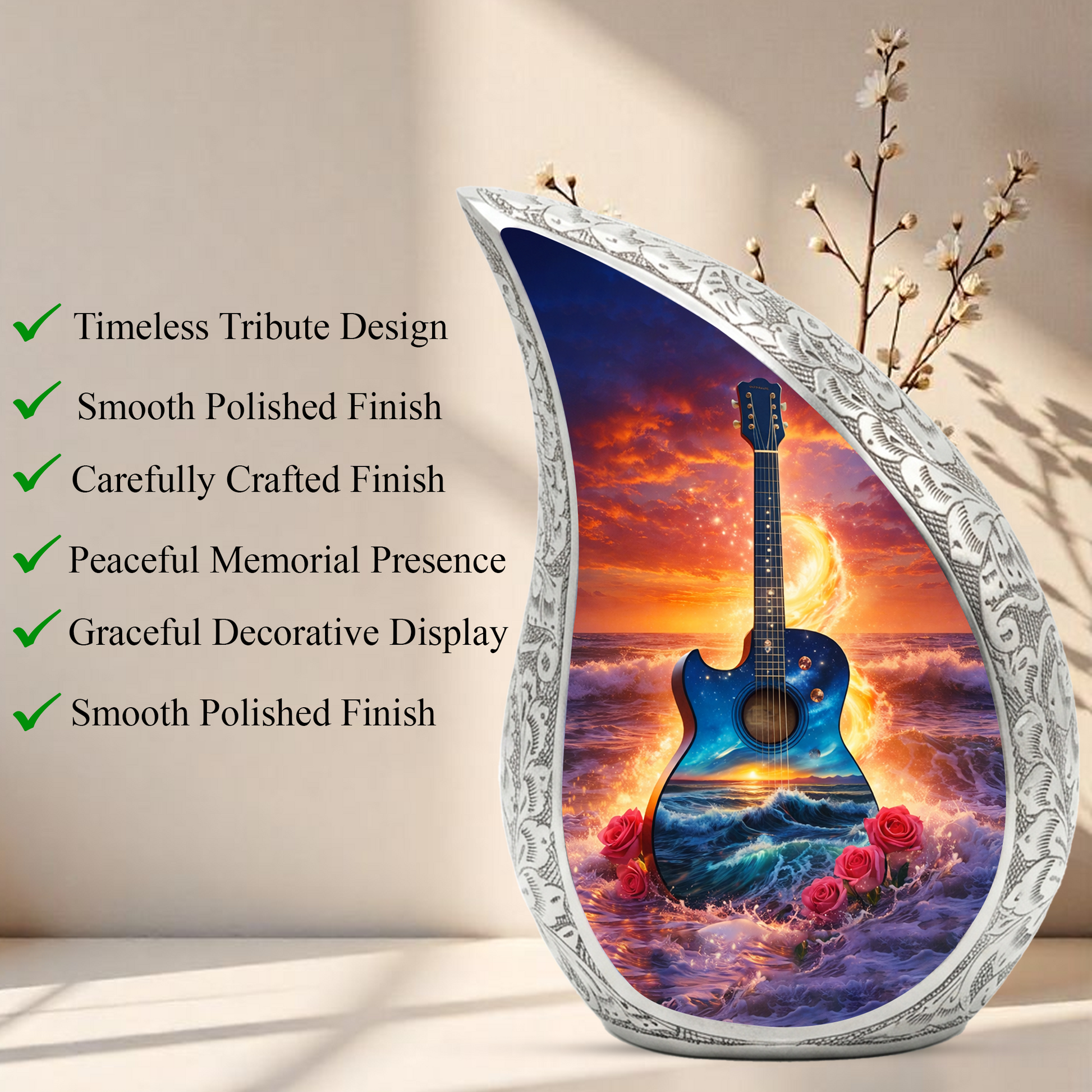 Blue Guitar Ocean Sunset Cremation Urn | Adult Memorial Urn