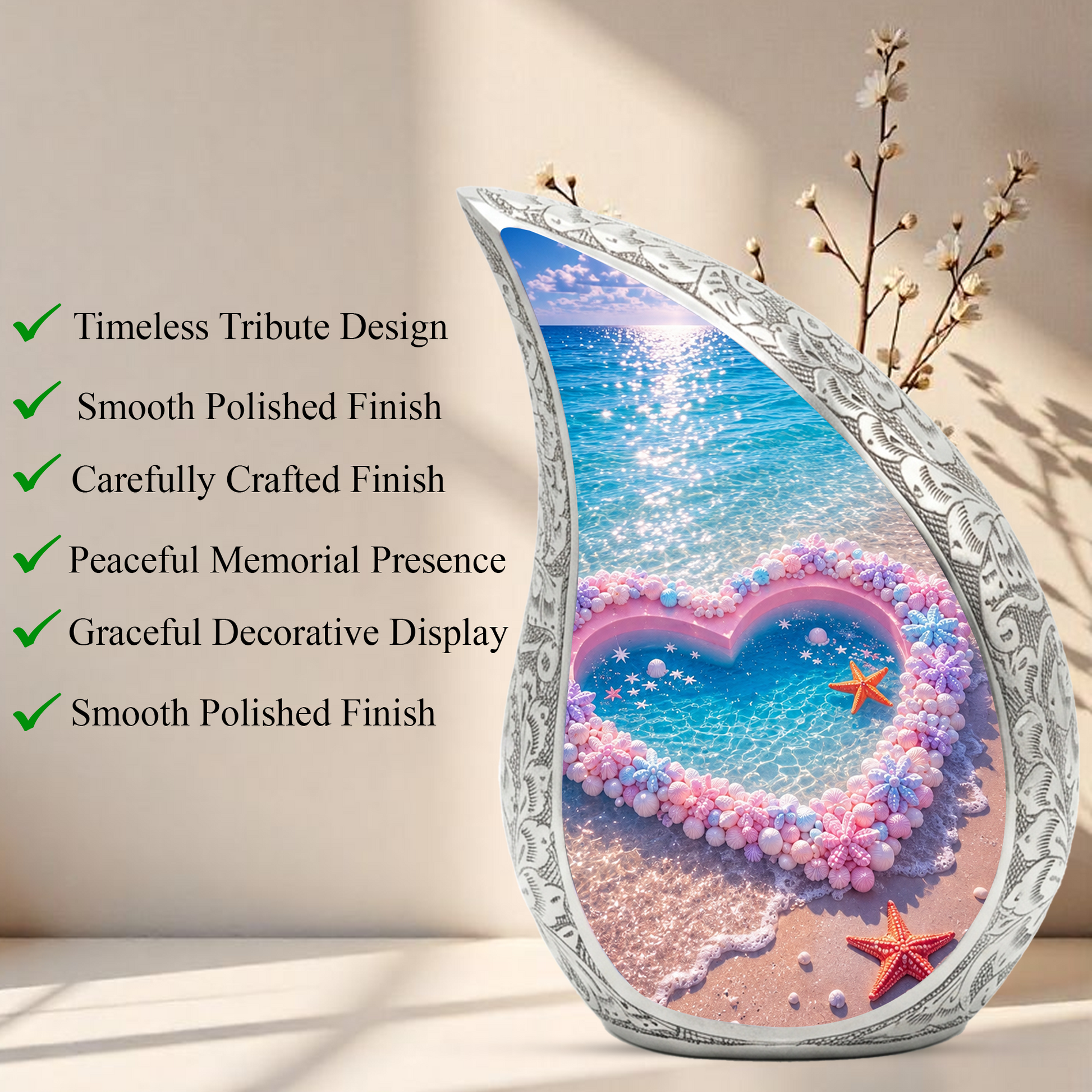Ocean Heart Urn for Burial – Decorative Container for Cremated Remains