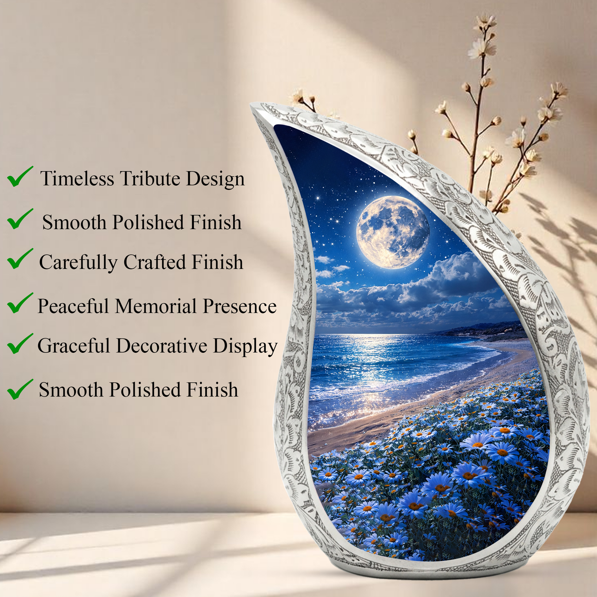 Moonlight Beach Floral Cremation Urn | Funeral Urn for Ashes