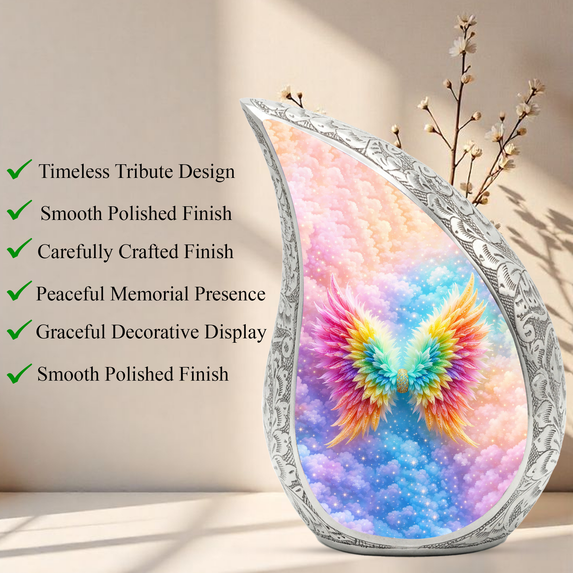 Rainbow Angel Wings Cremation Urn | Memorial Urn for Women