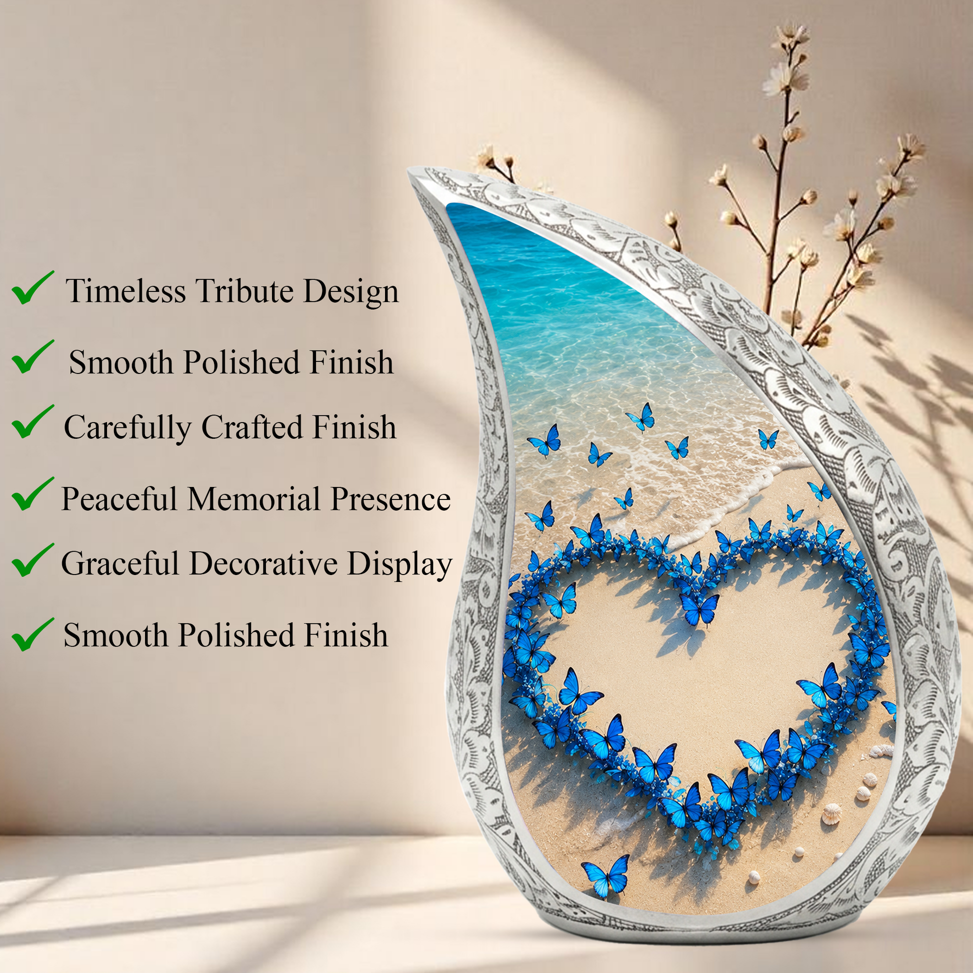 Blue Butterfly Heart Memorial Urn – Beach Cremation Urn for Human Ashes