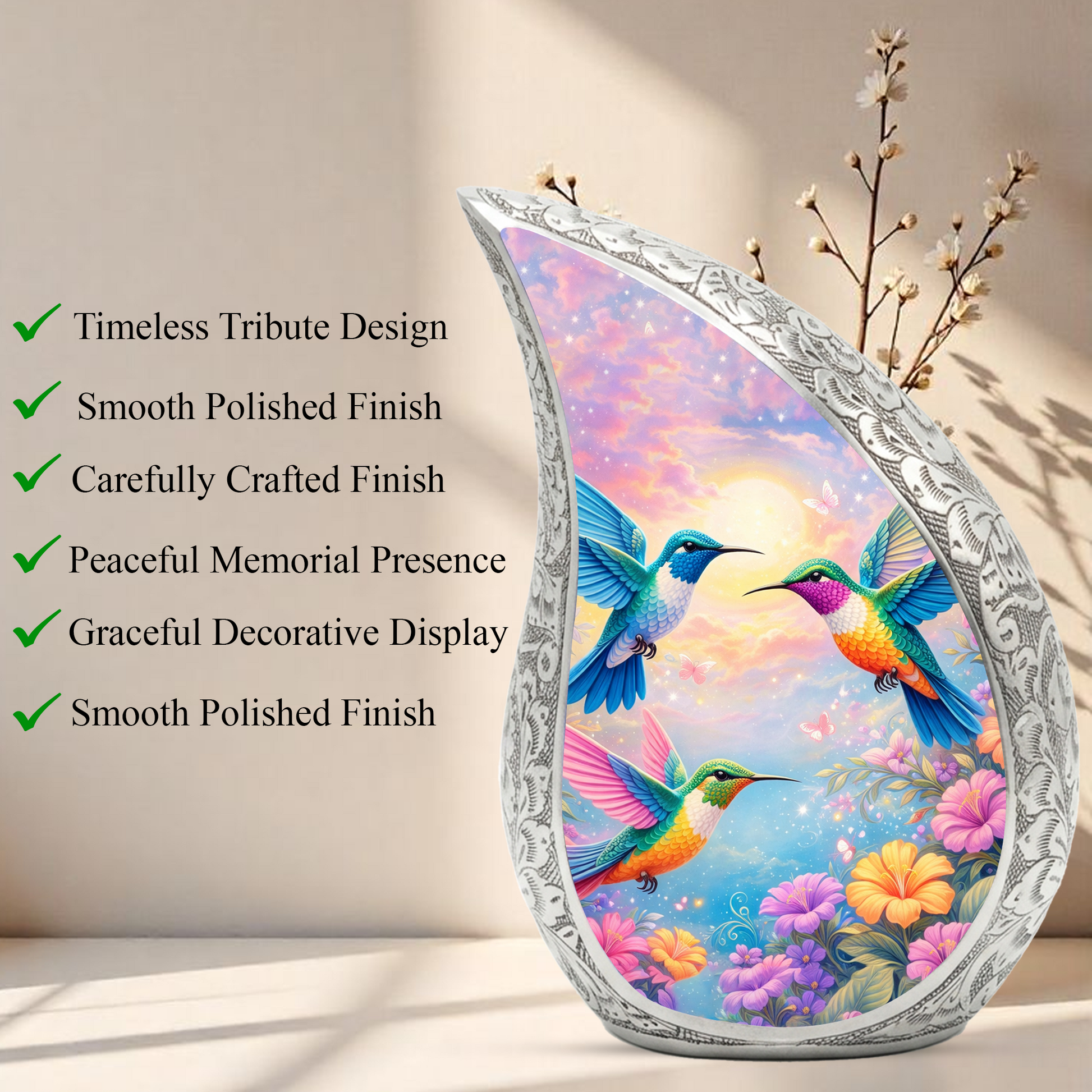 Hummingbird Floral Cremation Urn | Memorial Urn for Women