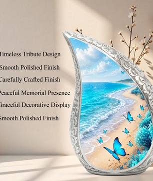 Blue Butterfly Beach Memorial Urn – Peaceful Ocean Cremation Urn for Ashes