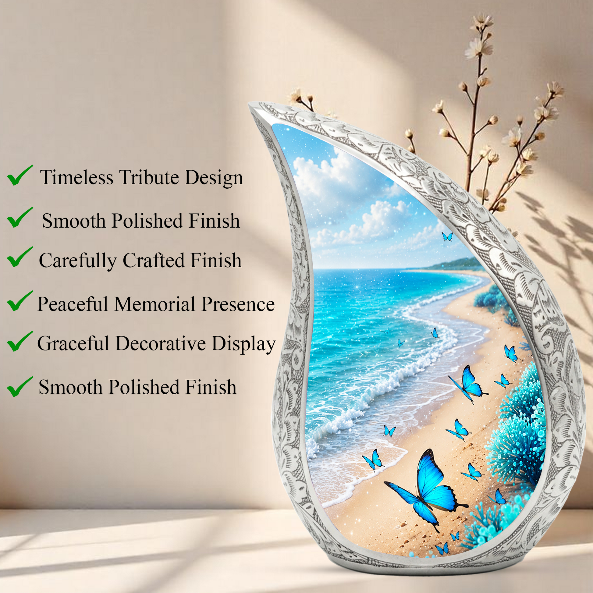 Blue Butterfly Beach Memorial Urn – Peaceful Ocean Cremation Urn for Ashes
