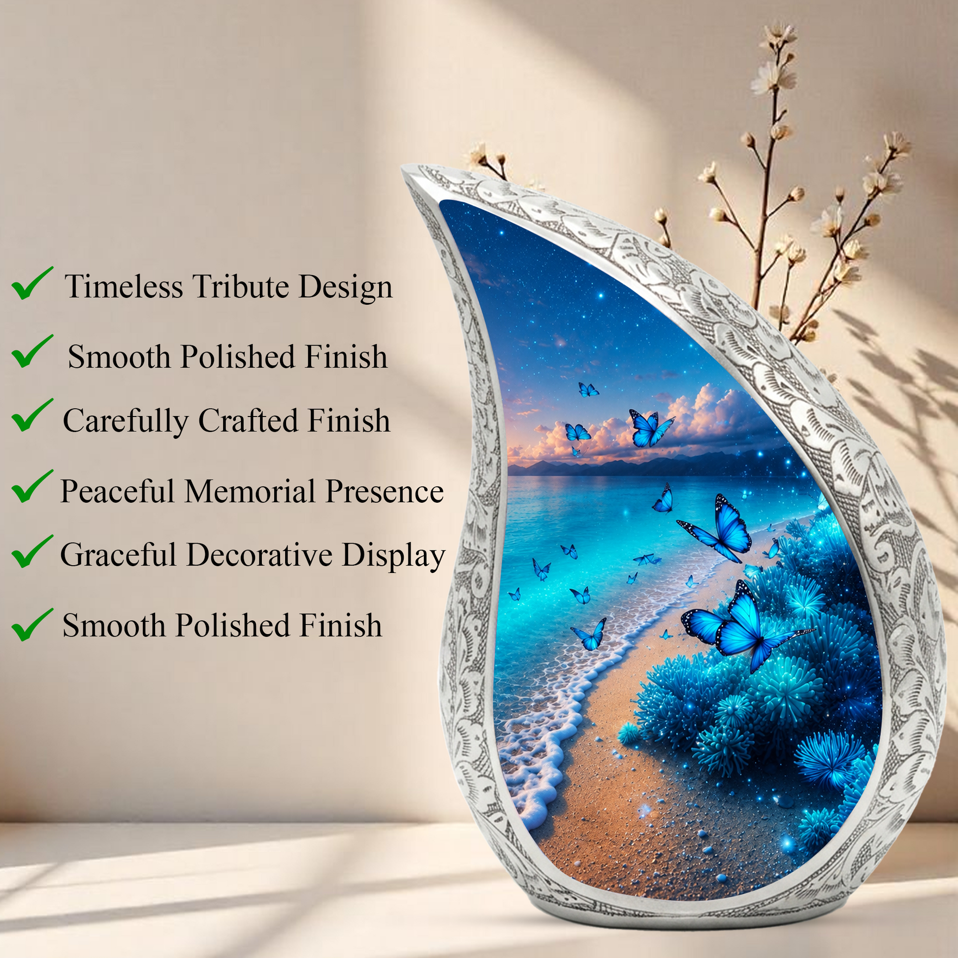 Moonlit Blue Butterfly Memorial Urn – Beach Urn for Human Ashes