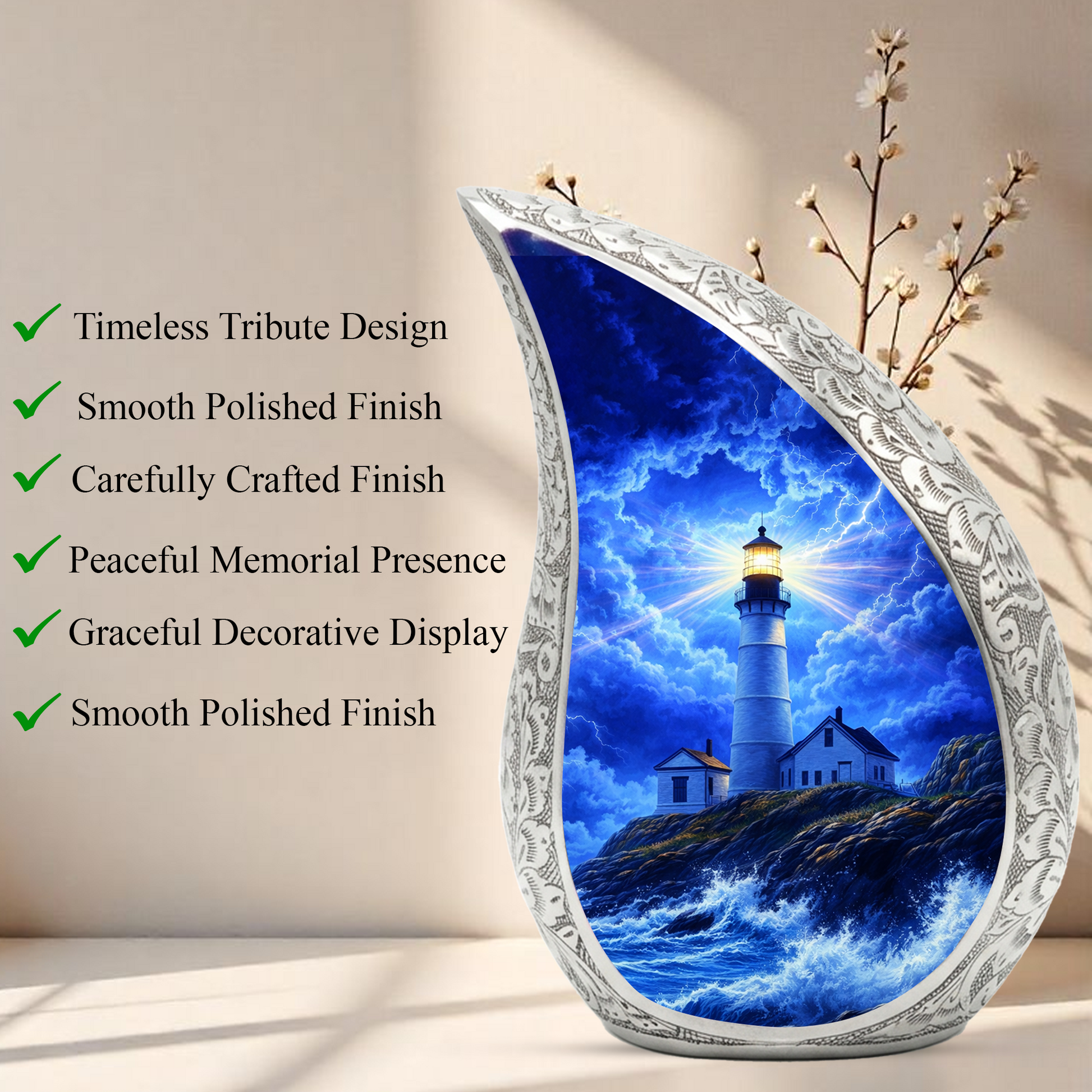 Blue Lighthouse Cremation Urn for Adults | Funeral Ashes Urn