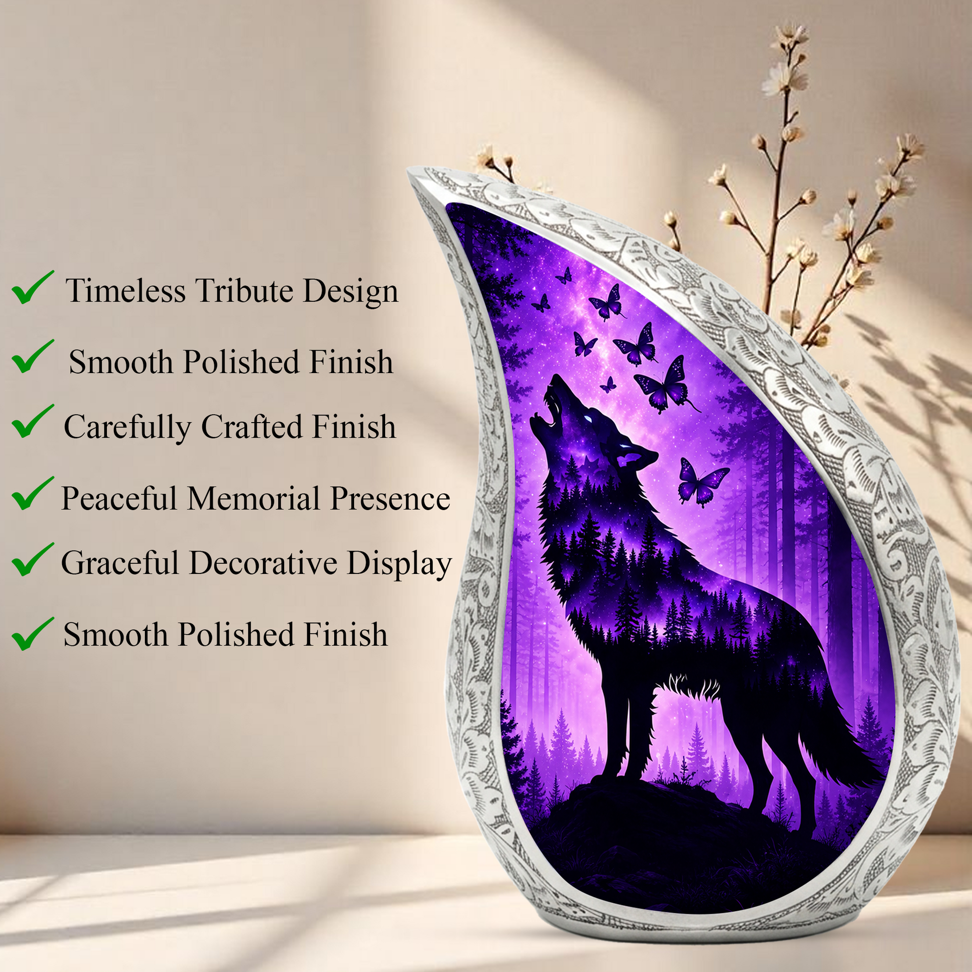 Purple Galaxy Wolf Memorial Urn – Mystical Forest Cremation Urn for Human Ashes