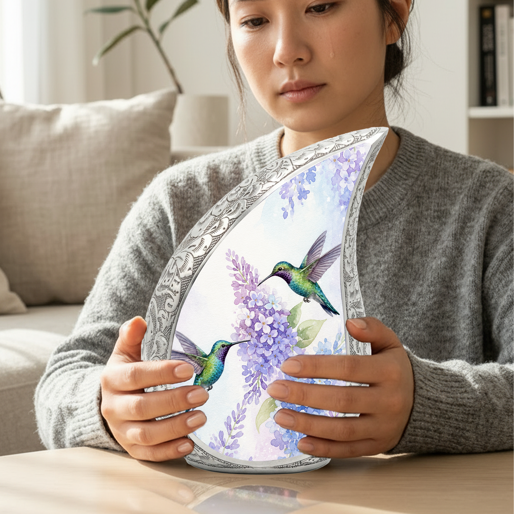 Hummingbird Floral Memorial Urn For Ashes – Elegant Aluminum Cremation Urn