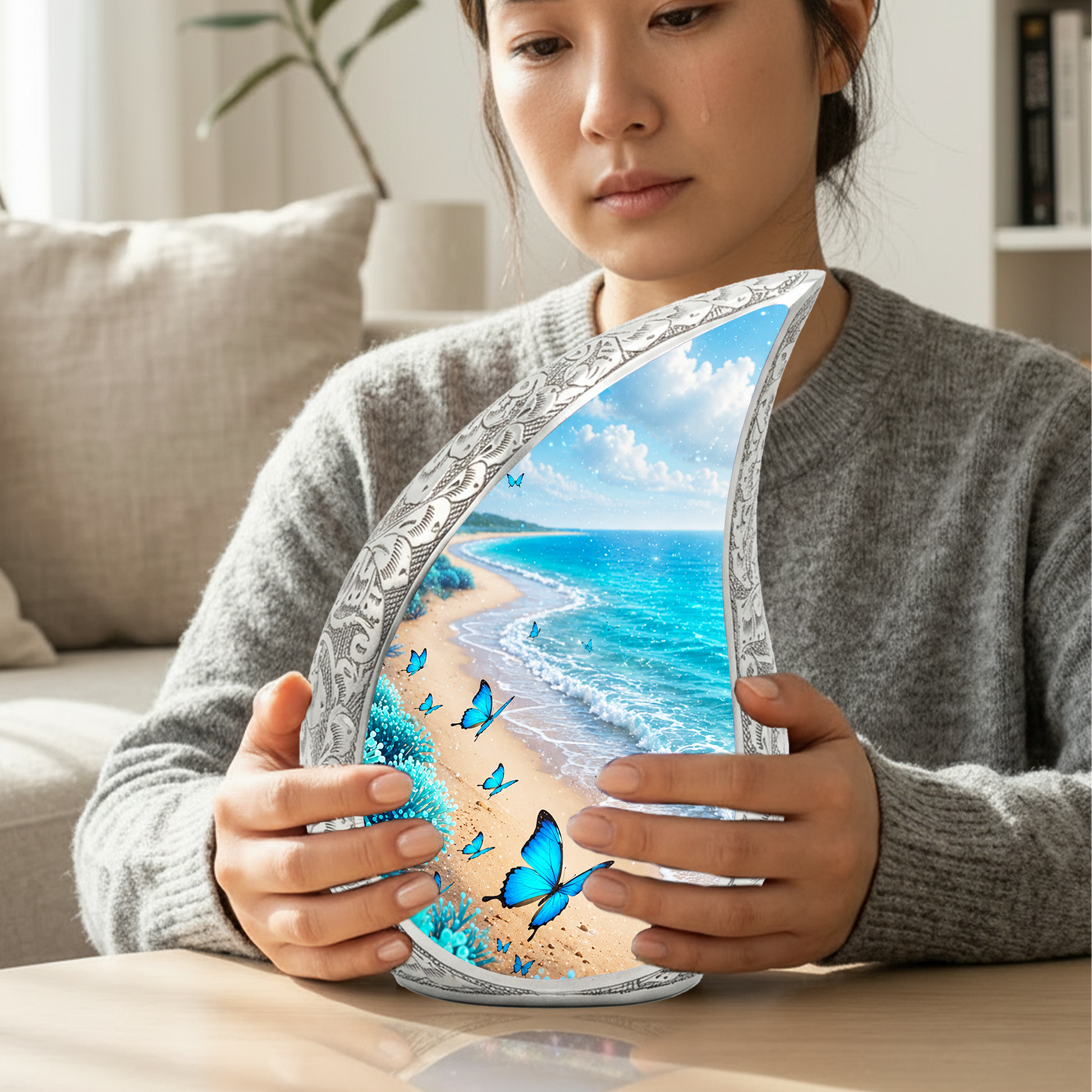 Blue Butterfly Beach Memorial Urn – Peaceful Ocean Cremation Urn for Ashes