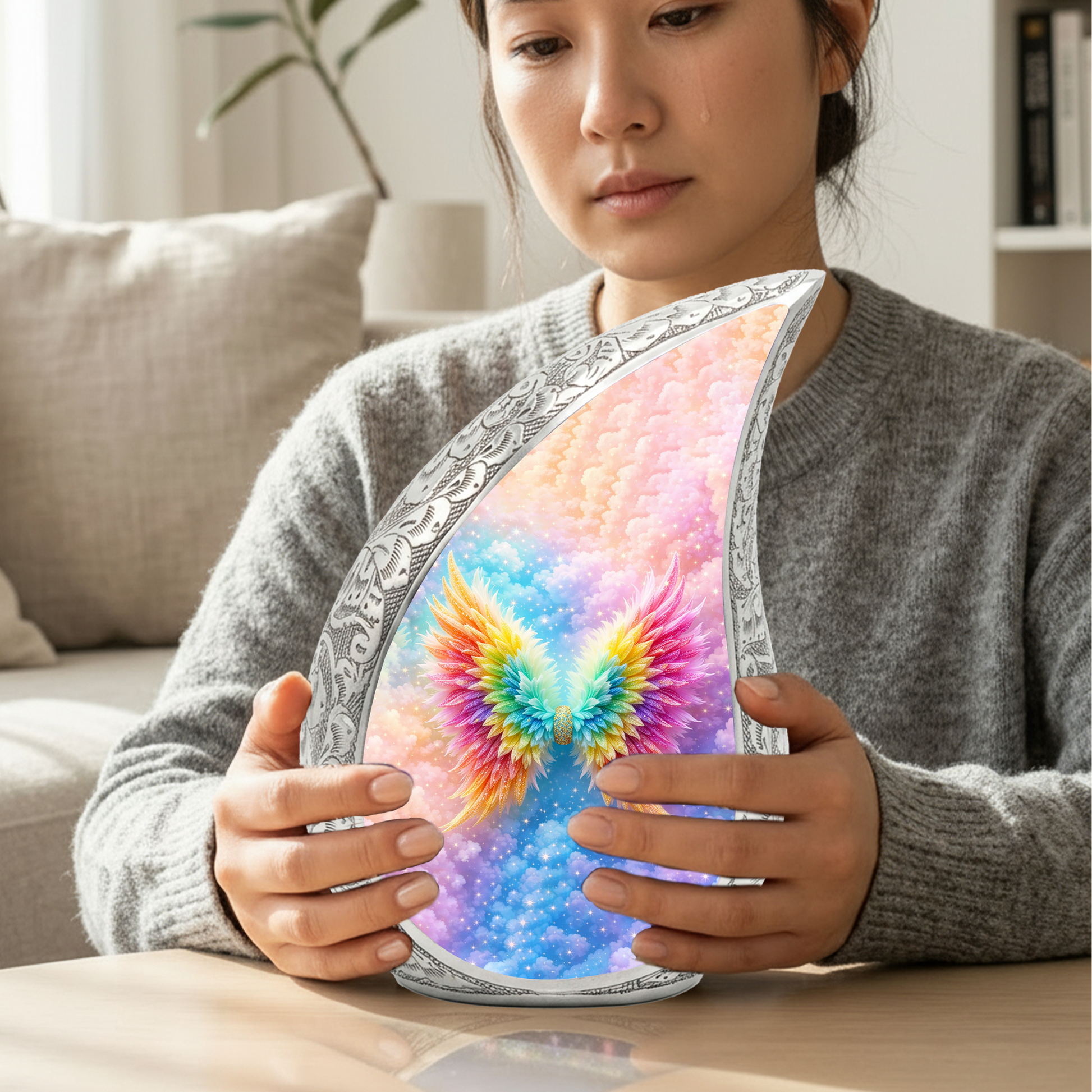 Rainbow Angel Wings Cremation Urn | Memorial Urn for Women