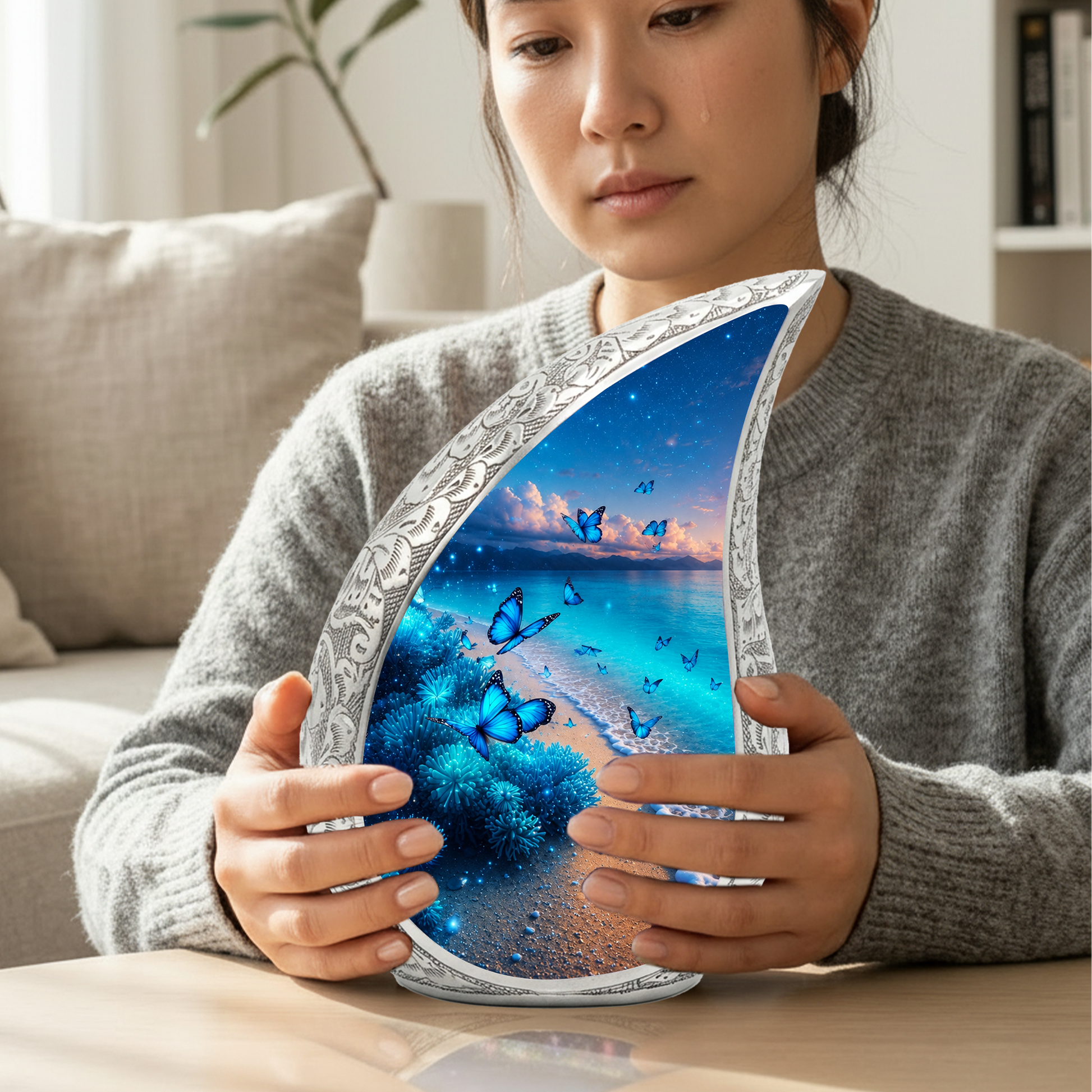 Moonlit Blue Butterfly Memorial Urn – Beach Urn for Human Ashes