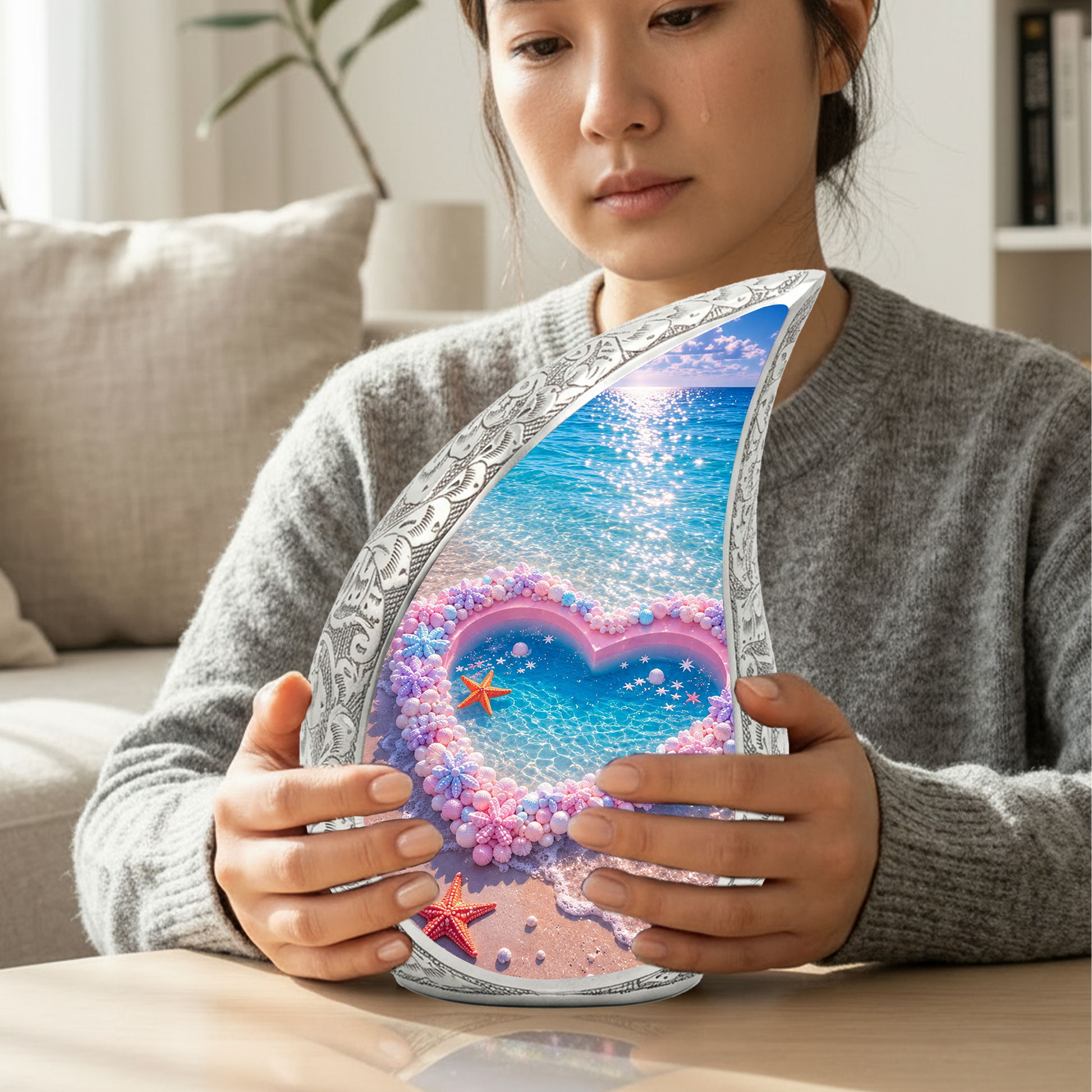 Ocean Heart Urn for Burial – Decorative Container for Cremated Remains