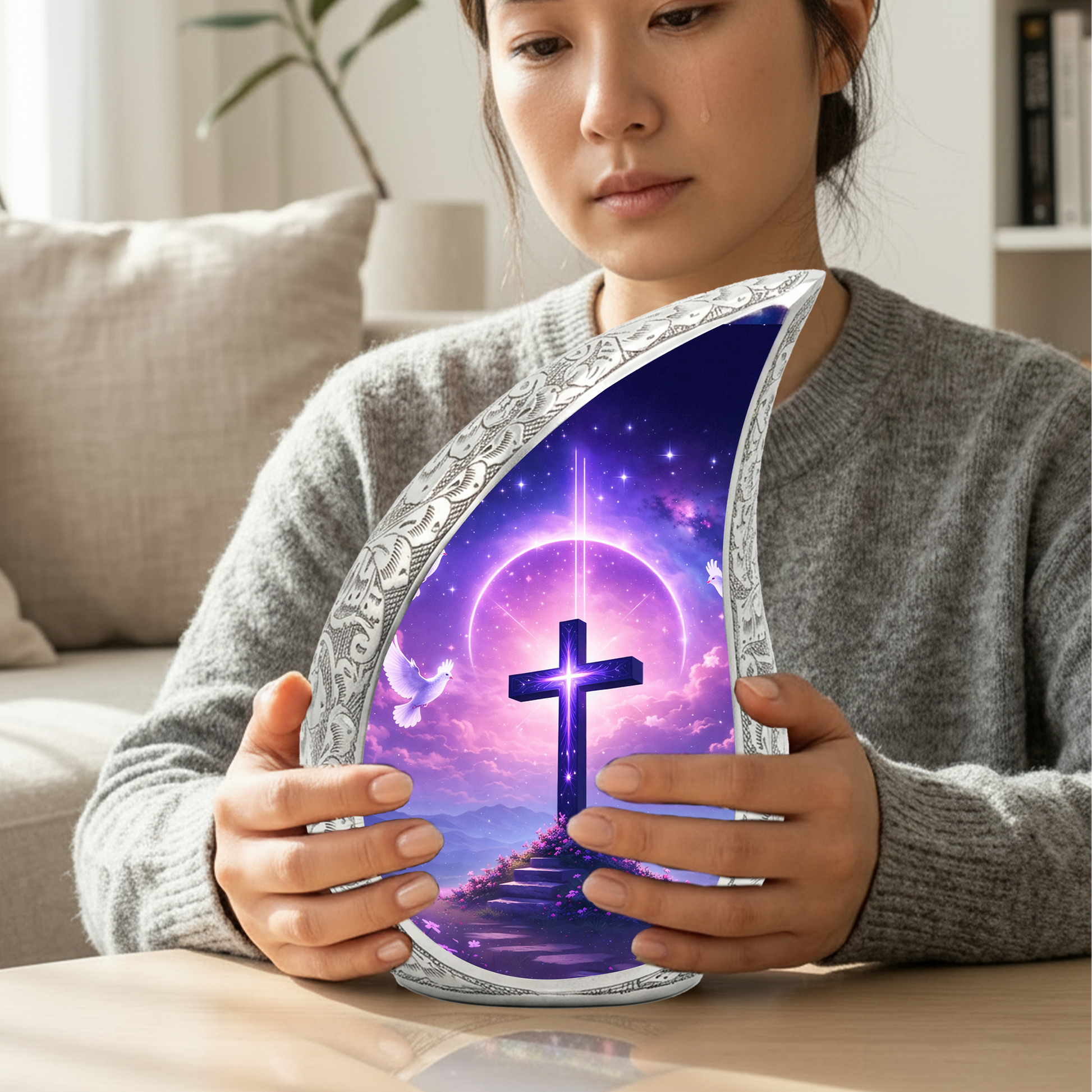 Purple Cross Christian Cremation Urn | Adult Ashes Urn