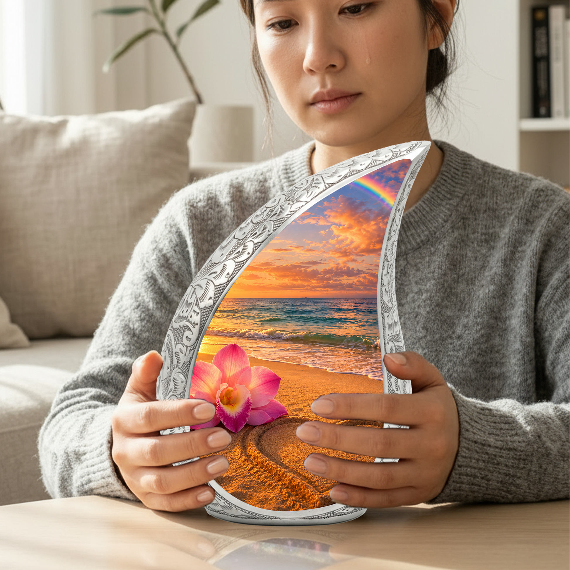 Ocean Sunset Cremation Urn – Heart Beach Urn for Ashes