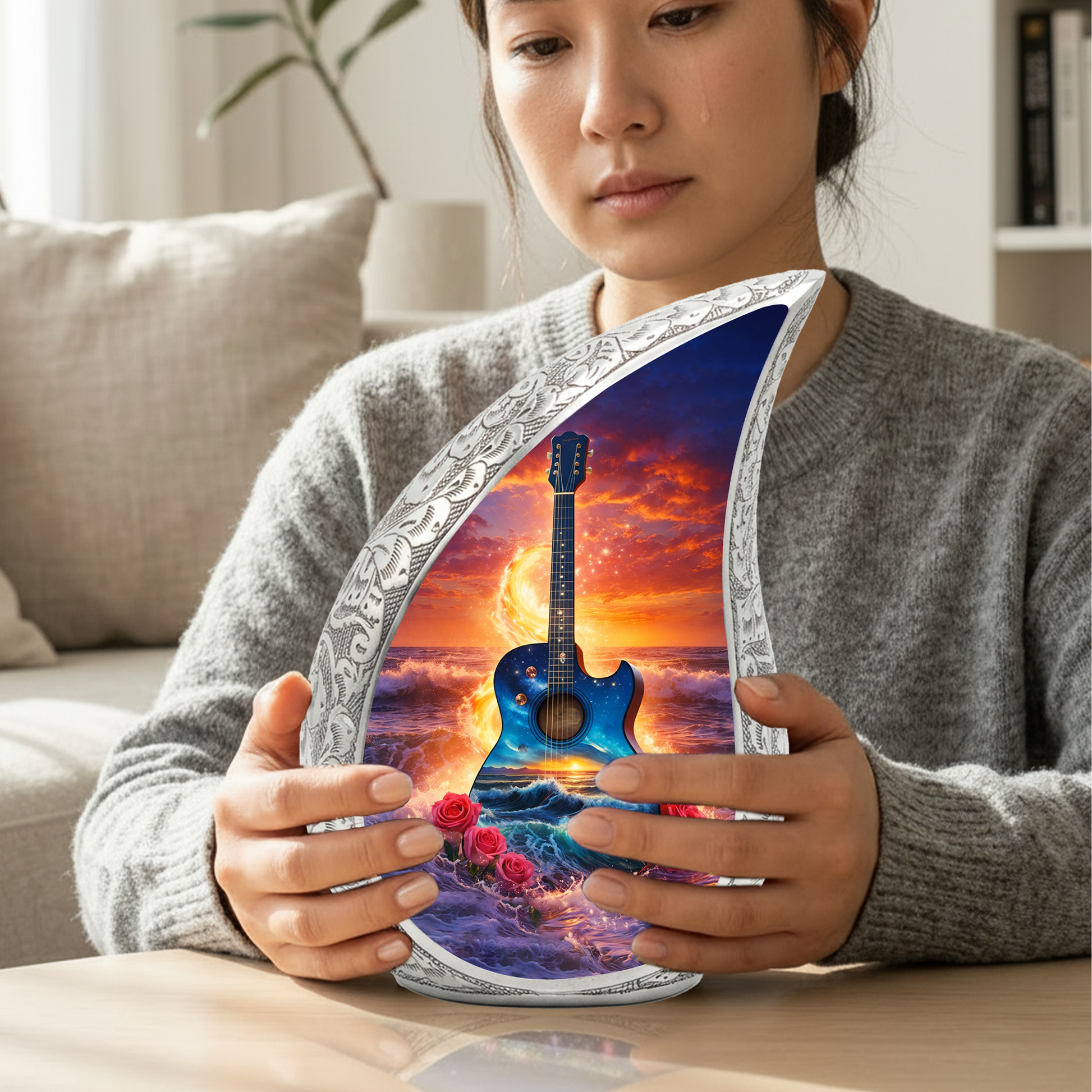Blue Guitar Ocean Sunset Cremation Urn | Adult Memorial Urn