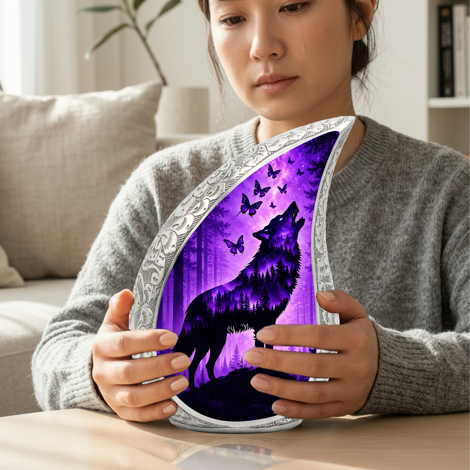 Purple Galaxy Wolf Memorial Urn – Mystical Forest Cremation Urn for Human Ashes