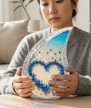 Blue Butterfly Heart Memorial Urn – Beach Cremation Urn for Human Ashes
