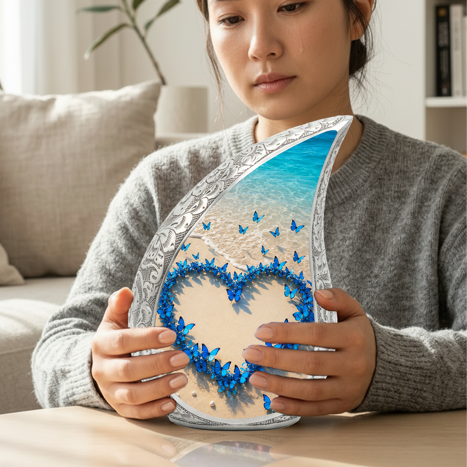Blue Butterfly Heart Memorial Urn – Beach Cremation Urn for Human Ashes