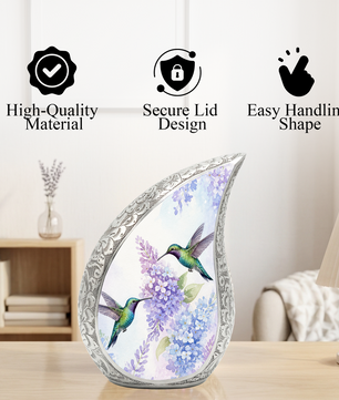 Hummingbird Floral Memorial Urn For Ashes – Elegant Aluminum Cremation Urn