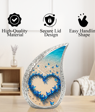 Blue Butterfly Heart Memorial Urn – Beach Cremation Urn for Human Ashes