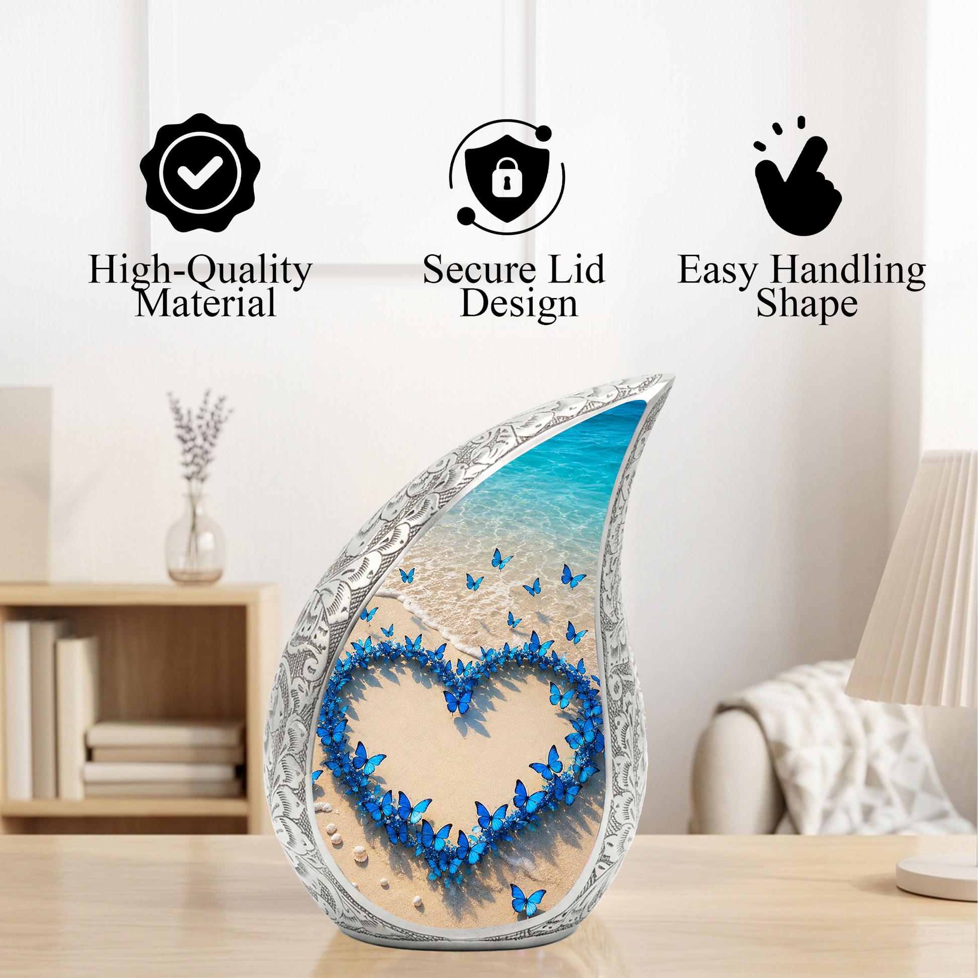 Blue Butterfly Heart Memorial Urn – Beach Cremation Urn for Human Ashes