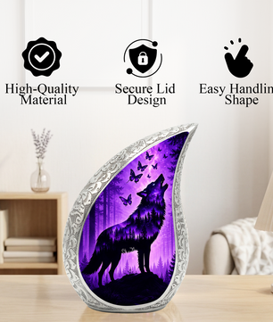 Purple Galaxy Wolf Memorial Urn – Mystical Forest Cremation Urn for Human Ashes