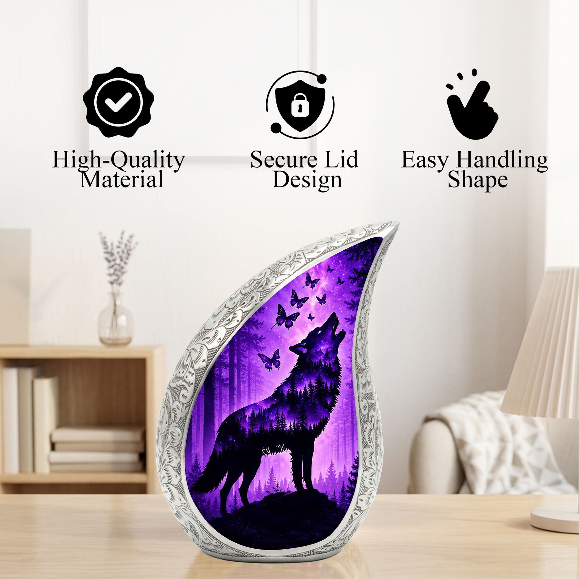 Purple Galaxy Wolf Memorial Urn – Mystical Forest Cremation Urn for Human Ashes