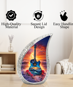 Blue Guitar Ocean Sunset Cremation Urn | Adult Memorial Urn