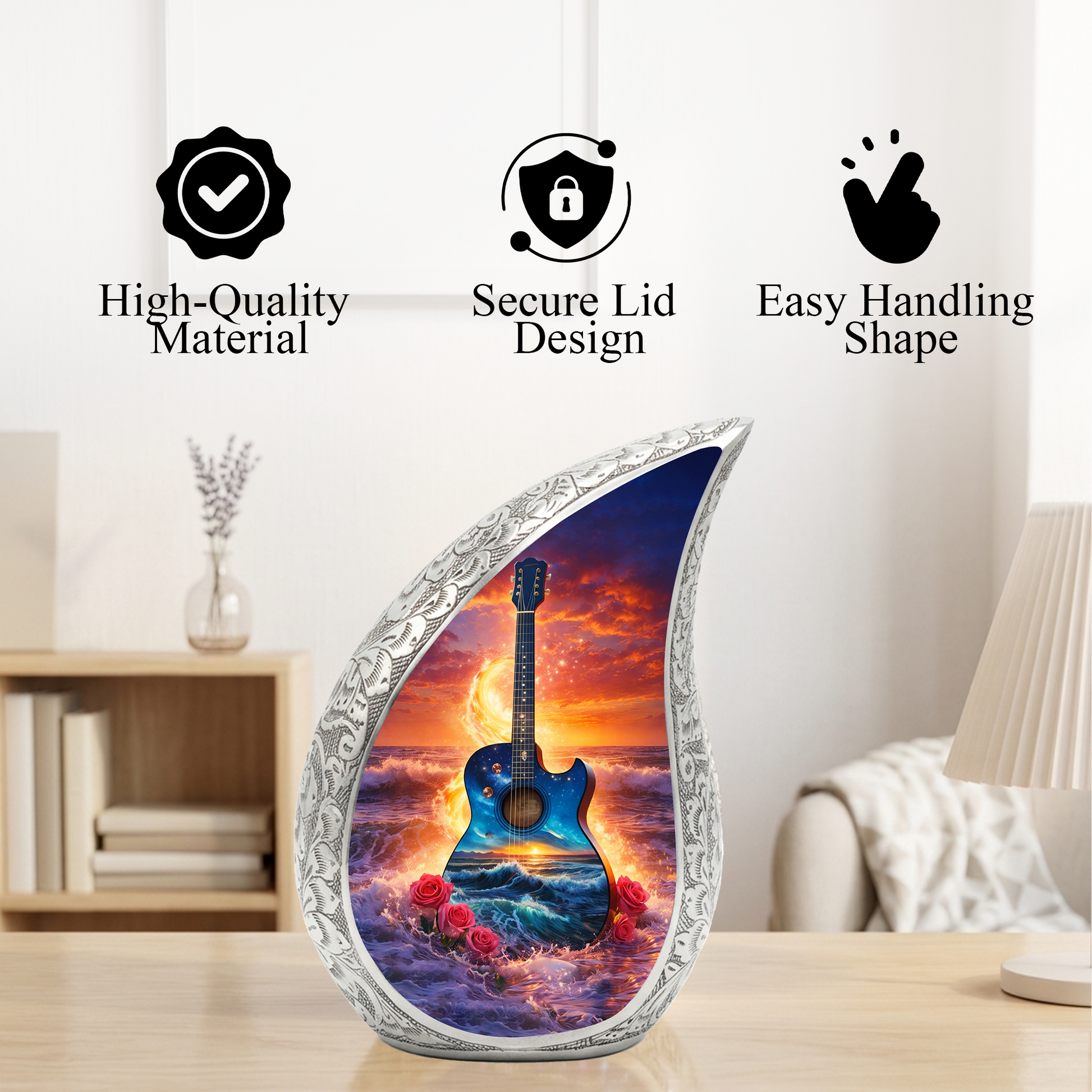 Blue Guitar Ocean Sunset Cremation Urn | Adult Memorial Urn