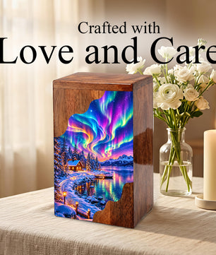 Northern Lights Wooden Cremation Urn – Aurora Borealis Winter Memorial Urn with Snowy Lake