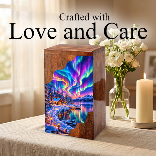 Northern Lights Wooden Cremation Urn – Aurora Borealis Winter Memorial Urn with Snowy Lake