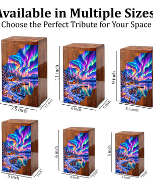 Northern Lights Wooden Cremation Urn – Aurora Borealis Winter Memorial Urn with Snowy Lake