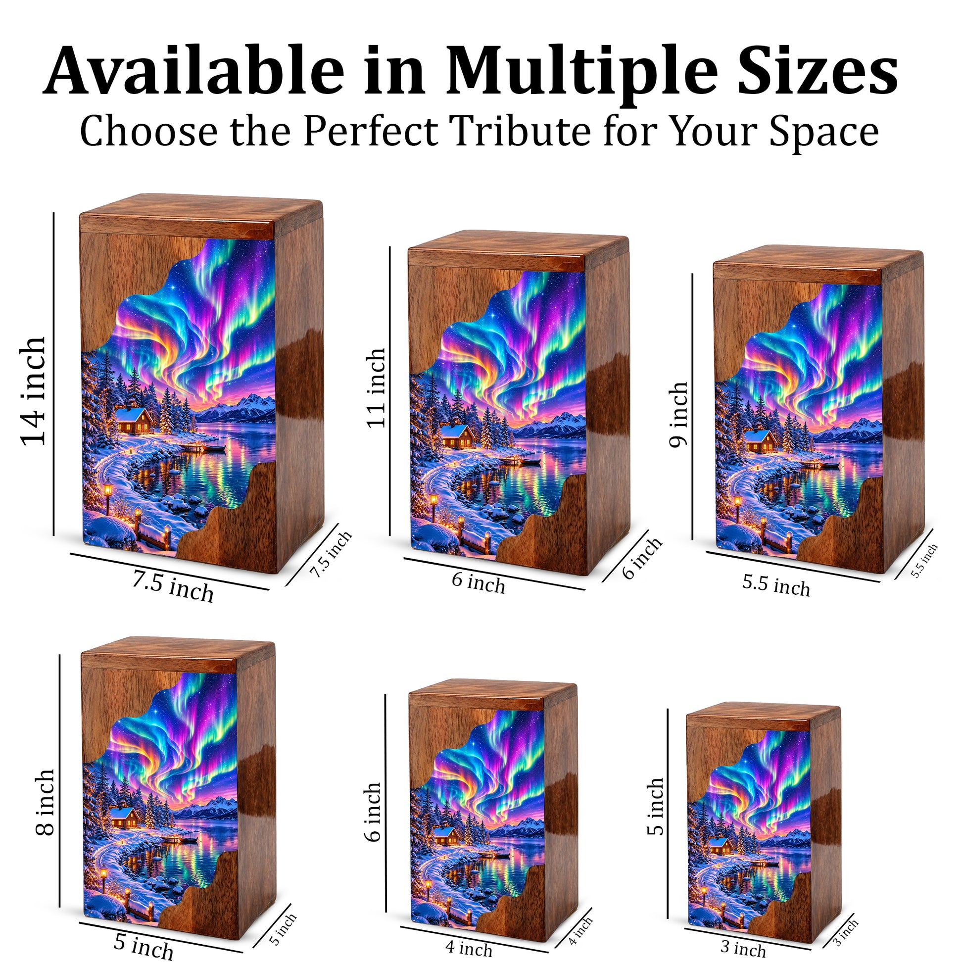 Northern Lights Wooden Cremation Urn – Aurora Borealis Winter Memorial Urn with Snowy Lake