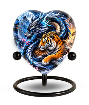 Heart Shaped Dragon and Tiger Urn for Ashes, Fantasy Animal Cremation Urn, Blue Dragon Tiger Memorial Urn for Human Ashes