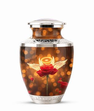 Red Rose Angel Cremation Urn for Ashes, Funeral Flower Memorial Urn for Adults