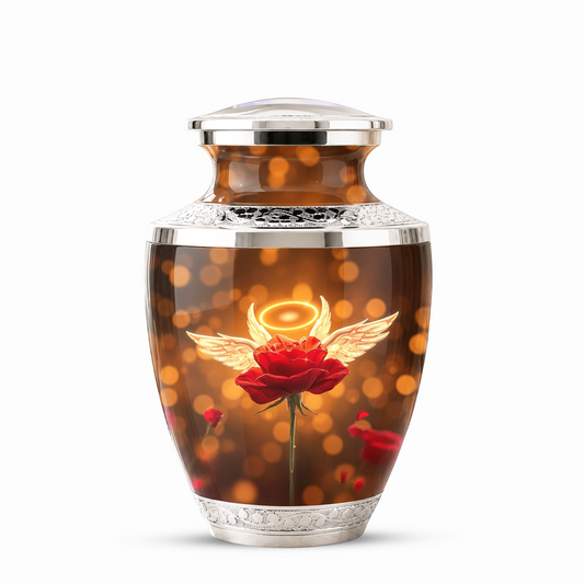 Red Rose Angel Cremation Urn for Ashes, Funeral Flower Memorial Urn for Adults