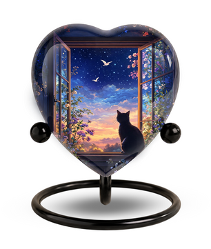 Black Cat Sunset Memorial Adult Urn – Heart-Shaped Adult Urn for Ashes Adult Cremation Urns, Urn for Ashes Adult