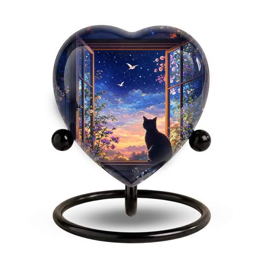 Black Cat Sunset Memorial Adult Urn – Heart-Shaped Adult Urn for Ashes Adult Cremation Urns, Urn for Ashes Adult