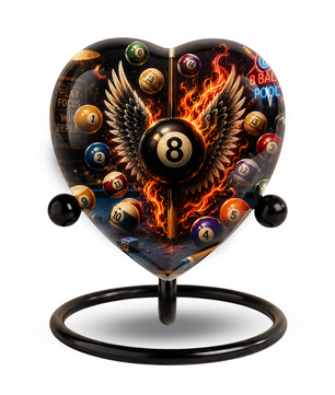 Billiards Cremation Urn, Pool Player Memorial Urn, Heart-Shaped Adult Cremation Urn with Flaming Wings