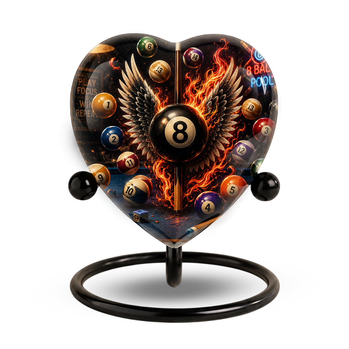 Billiards Cremation Urn, Pool Player Memorial Urn, Heart-Shaped Adult Cremation Urn with Flaming Wings
