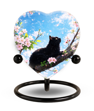 Black Cat Cherry Blossom Heart Memorial Urn – Personalised Cat Urn for Ashes,Cat Memorial Keepsake
