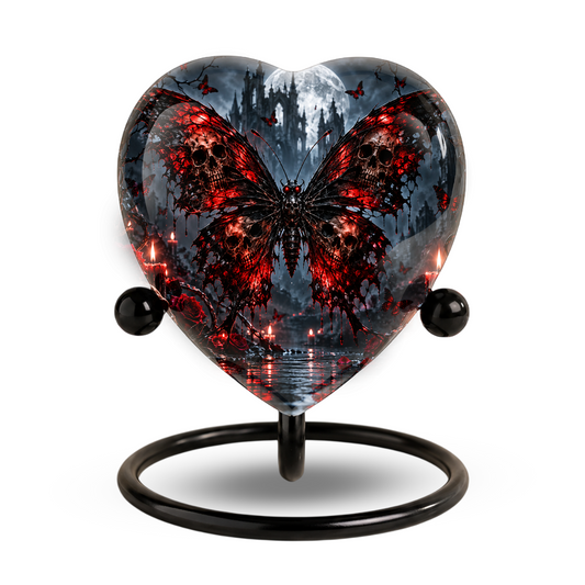 Gothic Butterfly Cremation Urn for Ashes, Skull Butterfly Urn, Red Black Gothic Memorial Urn, Halloween Heart Urn, Personalized Keepsake