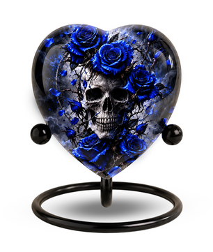 Blue Rose Skull Cremation Urn for Ashes, Gothic Memorial Urn, Blue Rose Urn, Skull Heart Urn, Personalized Adult Cremation Urn
