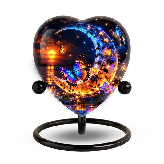 Heart Shaped Butterfly Urn for Ashes, Blue Moon and Sunset Cremation Urn, Colorful Butterfly Memorial Urn for Human Ashes