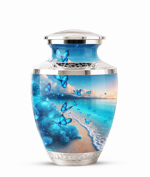 Blue Butterfly Beach Urn for Mom, Ocean Cremation Urn for Women, Butterfly Memorial Keepsake