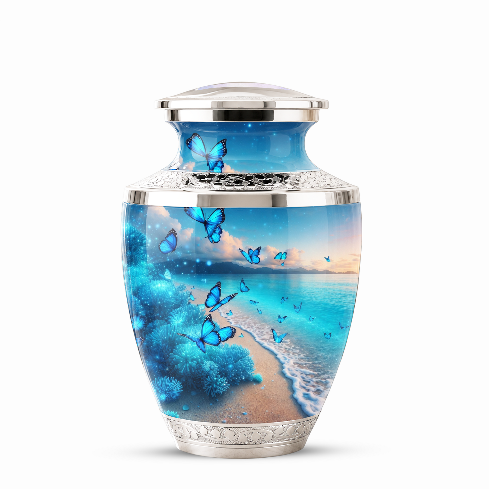 Blue Butterfly Beach Urn for Mom, Ocean Cremation Urn for Women, Butterfly Memorial Keepsake