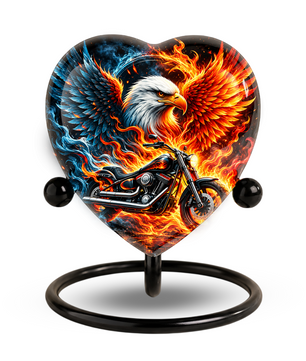 Heart Shaped Eagle Motorcycle Urn for Ashes, Phoenix Fire Cremation Urn, Biker Memorial Urn for Human Ashes