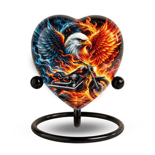 Heart Shaped Eagle Motorcycle Urn for Ashes, Phoenix Fire Cremation Urn, Biker Memorial Urn for Human Ashes